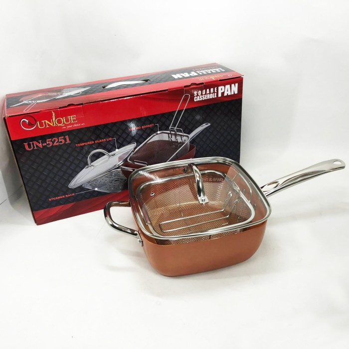 Сковорода-фритюрниця UNIQUE UN-5251 квадратна антипригарна з пароваркою та каструлею + скляна кришка 24 см UL-10