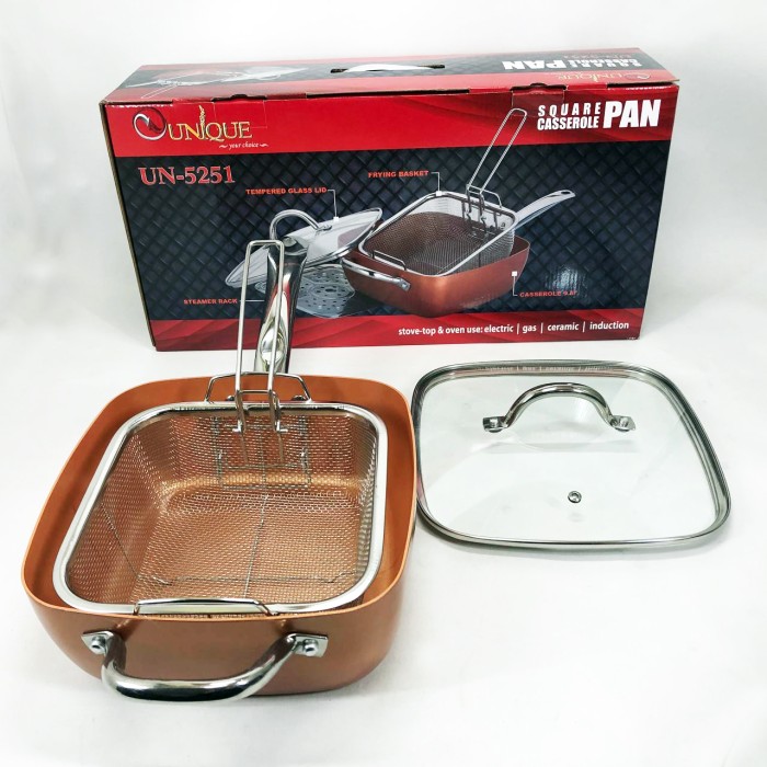 Сковорода-фритюрниця UNIQUE UN-5251 квадратна антипригарна з пароваркою та каструлею + скляна кришка 24 см UL-10