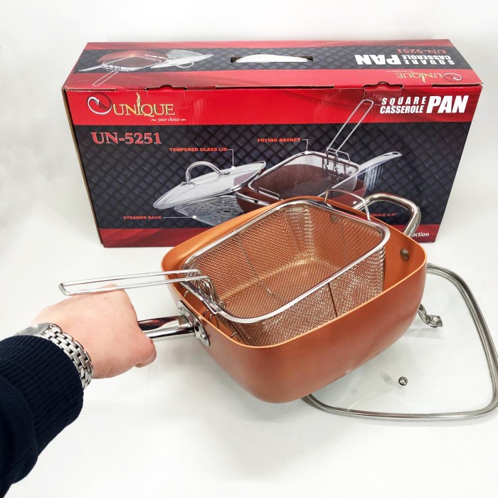 Сковорода-фритюрниця UNIQUE UN-5251 квадратна антипригарна з пароваркою та каструлею + скляна кришка 24 см YZ-99