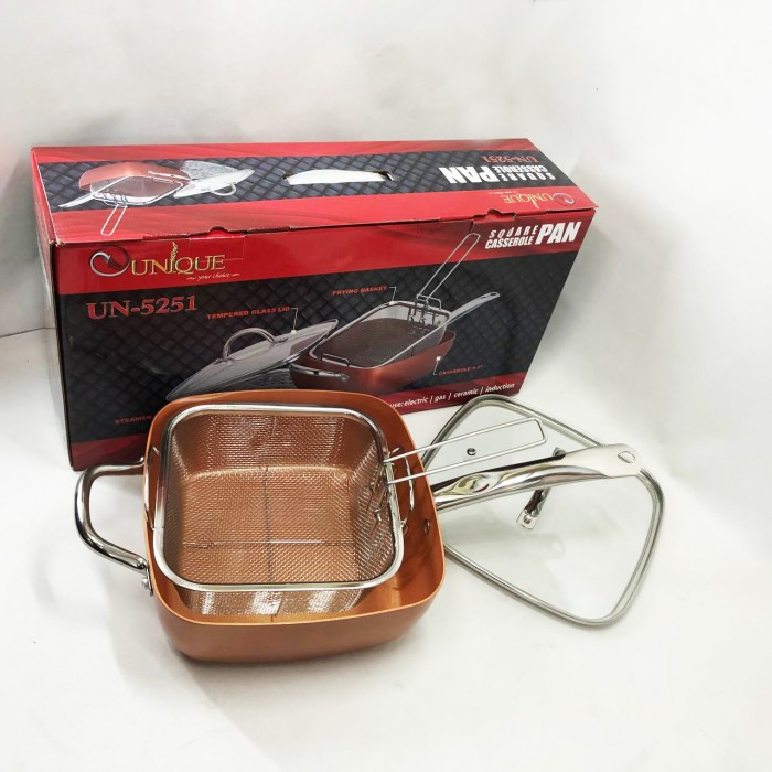 Сковорода-фритюрниця UNIQUE UN-5251 квадратна антипригарна з пароваркою та каструлею + скляна кришка 24 см YZ-99