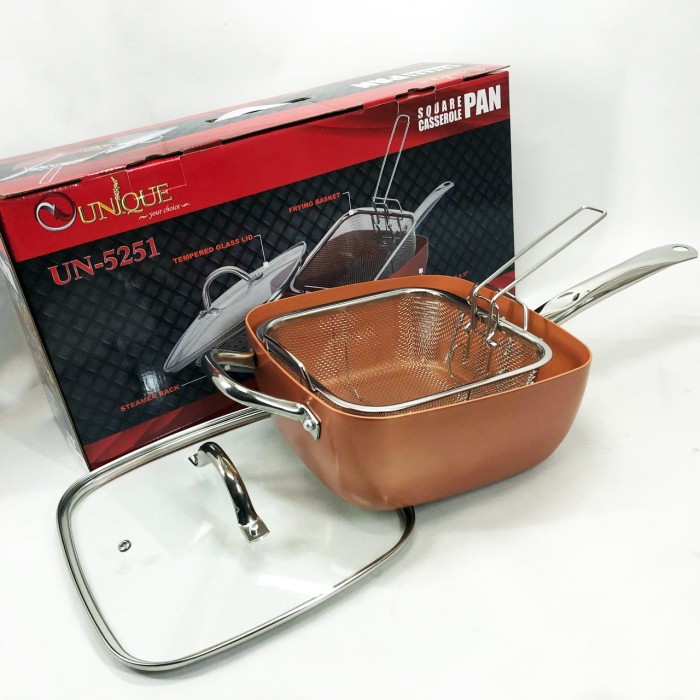 Сковорода-фритюрниця UNIQUE UN-5251 квадратна антипригарна з пароваркою та каструлею + скляна кришка 24 см YZ-99