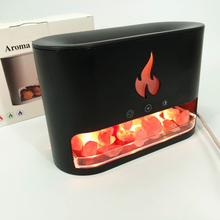 Лампа зволожувач повітря Docsal Flame 3 в 1 з соляним камінням, Портативний зволожувач лампа чорна