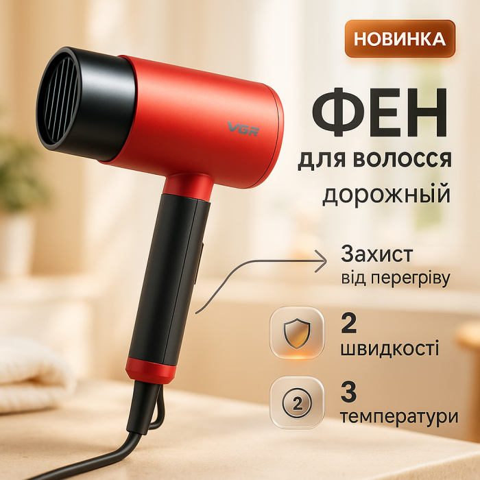 Фен із складною ручкою для волосся VGR V-426 2000Вт, Стильний фен для укладання волосся Red