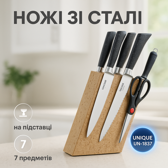 Набір Кухонних ножів з ножицями та підставкою UNIQUE UN-1837, Набір якісних ножів для дому