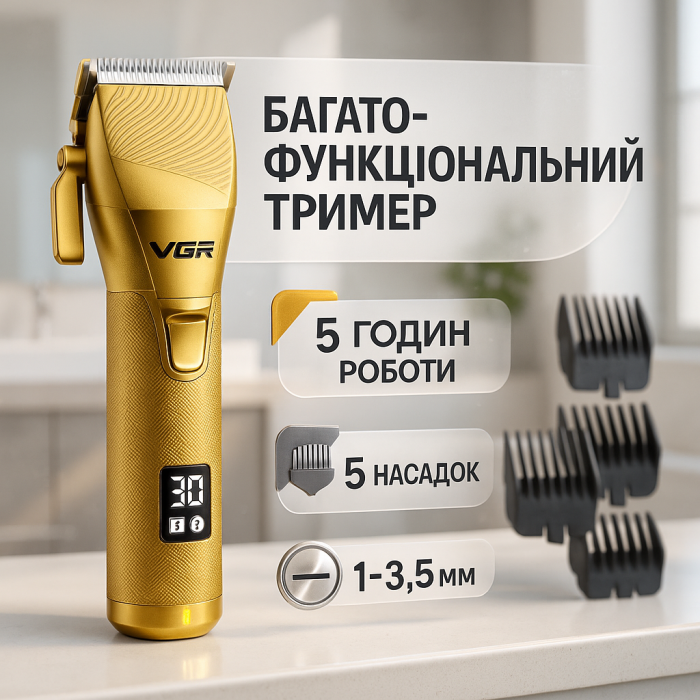 Акумуляторна машинка для стрижки волосся VGR V-280 з дисплеєм та насадками якісна Gold