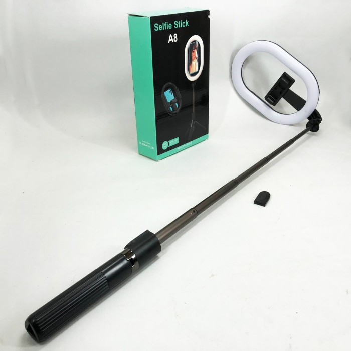 Монопод-штатив для селфі з кільцевою LED лампою Selfie Stick A8 телескопічний з пультом LV-324 та Bluetooth Монопод-штатив для селфі з кільцевою LED лампою Selfie Stick A8 телескопічний з пультом LV-324 та Bluetooth