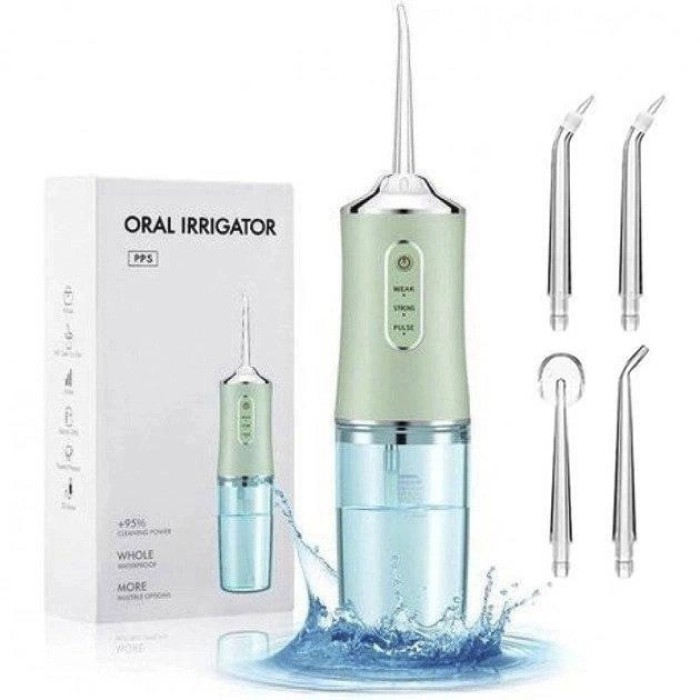 Іригатор для чищення зубів та порожнини рота Oral Irrigator з акумулятором та змінними насадками. Колір: зелений IC-20