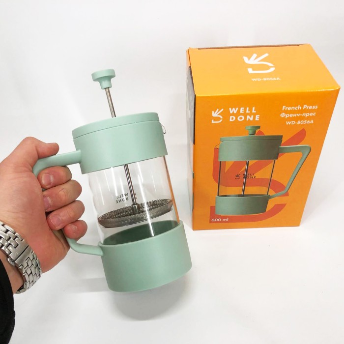 Багаторазовий френч-прес Well Done WD-8056A 600 мл, Чайник зі скляним заварником, Чайник заварник ON-57