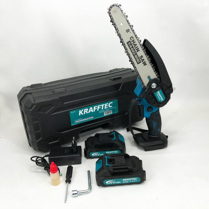 Акумуляторна ланцюгова міні пила 20 см у кейсі Krafftec (36V 4 Ач) + 2 акумулятори та індикатором заряду