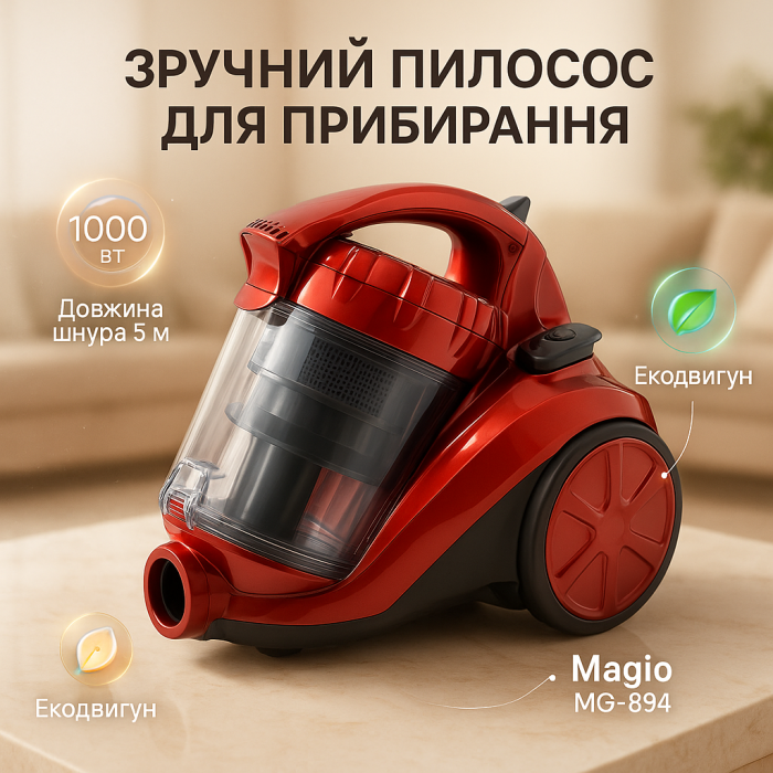 Компактний циклонний пилосос Magio MG-894 800 Вт, Пилосос з контейнером для прибирання шерсті WU-72