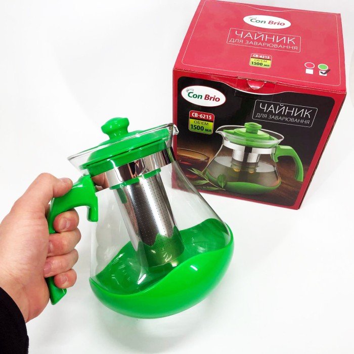 Чайник зі скляним заварником Con Brio Green CB-6215 1, 5 л, Красиві заварники для чаю LS-47