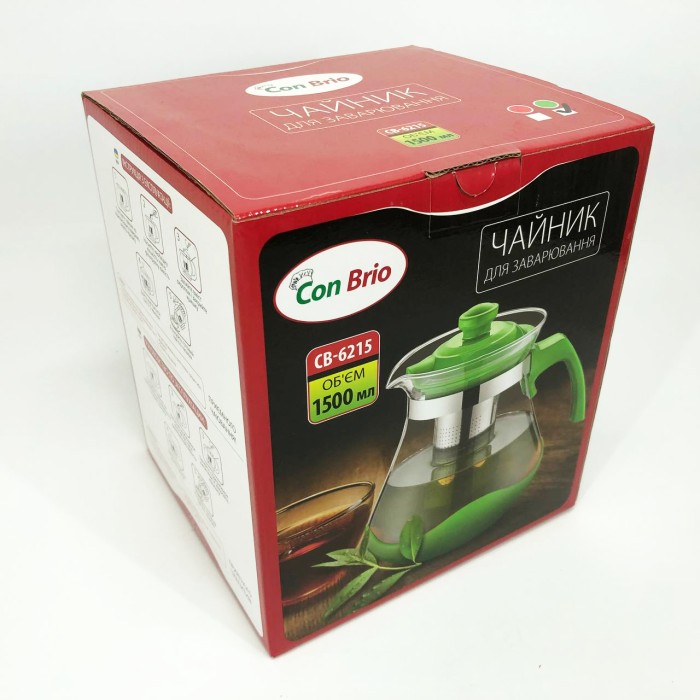Чайник зі скляним заварником Con Brio Green CB-6215 1, 5 л, Красиві заварники для чаю LS-47
