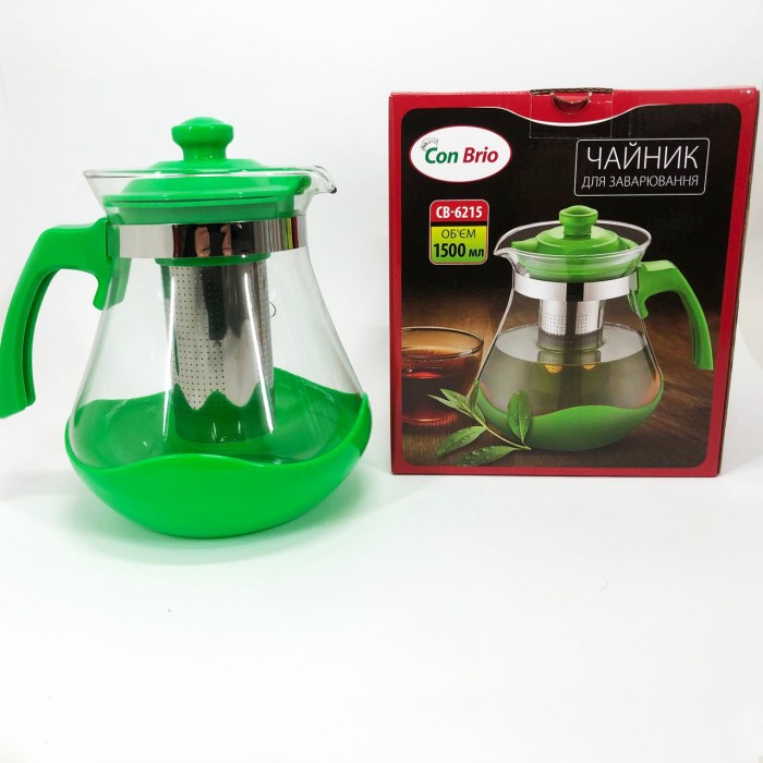 Чайник зі скляним заварником Con Brio Green CB-6215 1, 5 л, Красиві заварники для чаю LS-47