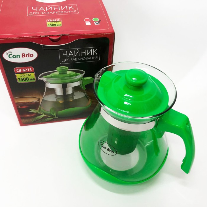 Чайник зі скляним заварником Con Brio Green CB-6215 1, 5 л, Красиві заварники для чаю LS-47