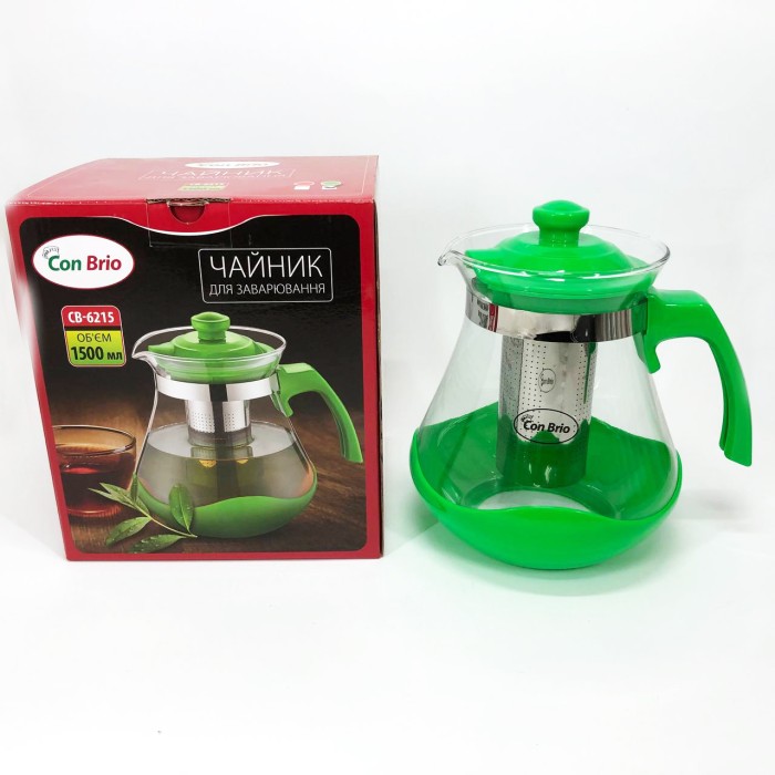 Чайник зі скляним заварником Con Brio Green CB-6215 1, 5 л, Красиві заварники для чаю LS-47