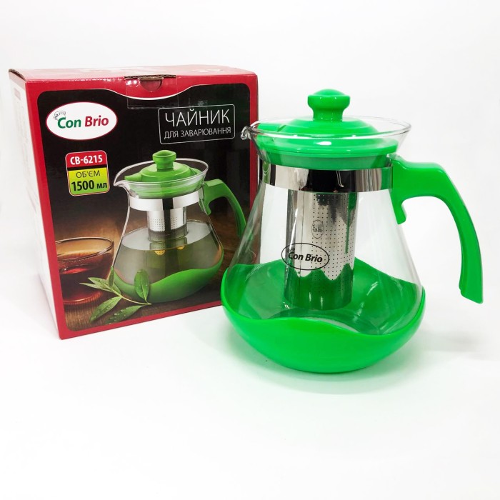 Чайник зі скляним заварником Con Brio Green CB-6215 1, 5 л, Красиві заварники для чаю LS-47