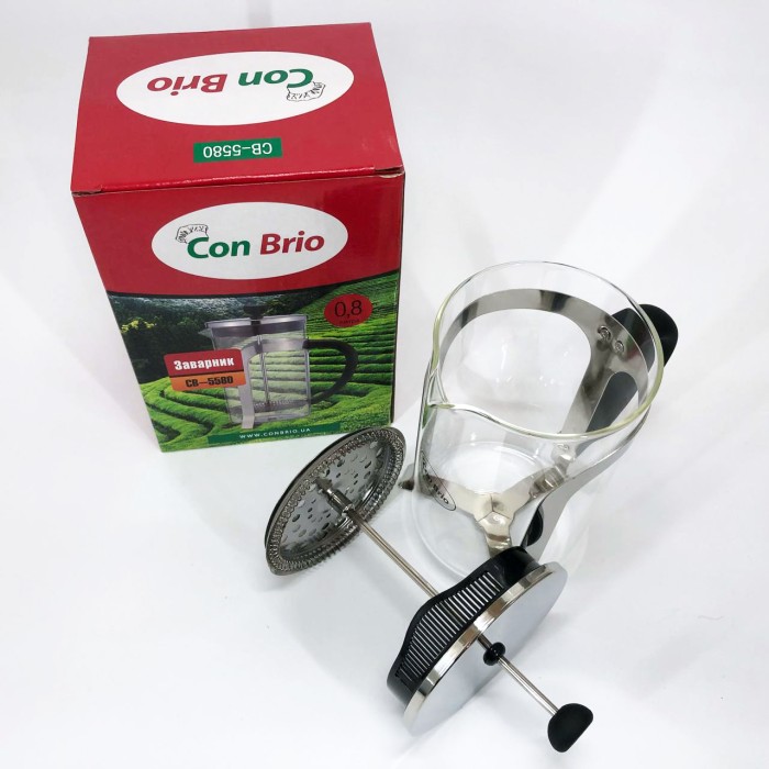 Френч-прес з ручкою Con Brio CB-5580 0.8 л, Френч прес скляний на кухню, Заварник скляний WQ-949 з пресом
