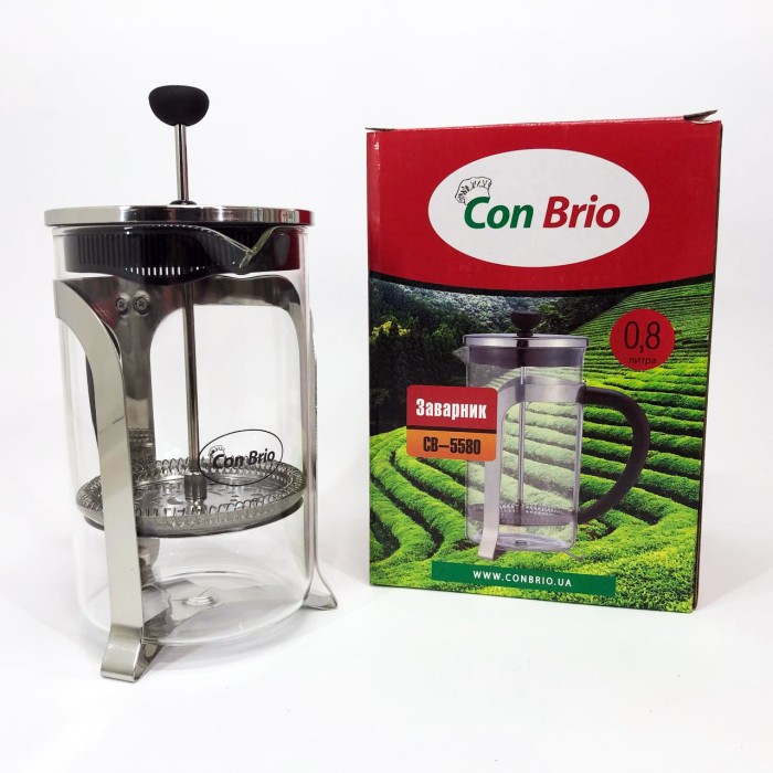 Френч-прес з ручкою Con Brio CB-5580 0.8 л, Френч прес скляний на кухню, Заварник скляний WQ-949 з пресом