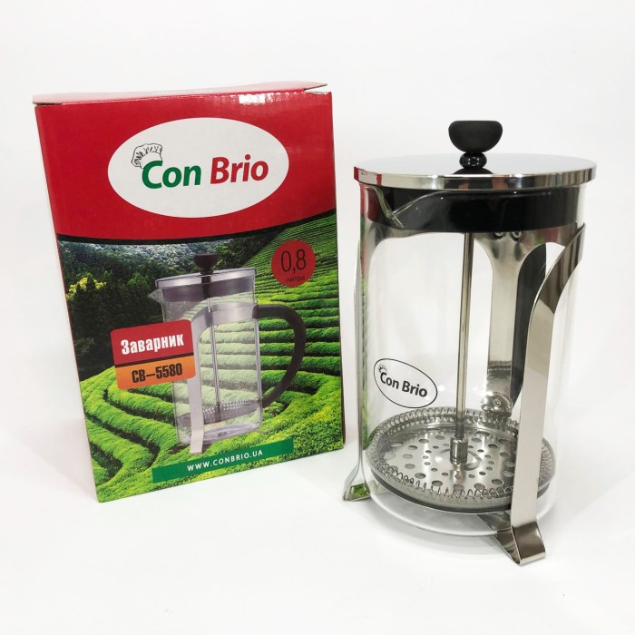 Френч-прес з ручкою Con Brio CB-5580 0.8 л, Френч прес скляний на кухню, Заварник скляний WQ-949 з пресом