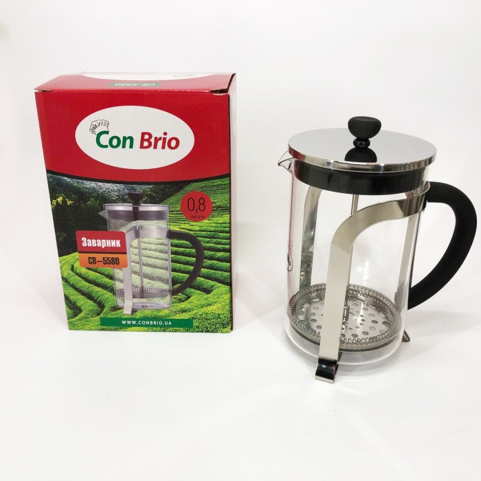 Френч-прес з ручкою Con Brio CB-5580 0.8 л, Френч прес скляний на кухню, Заварник скляний WQ-949 з пресом