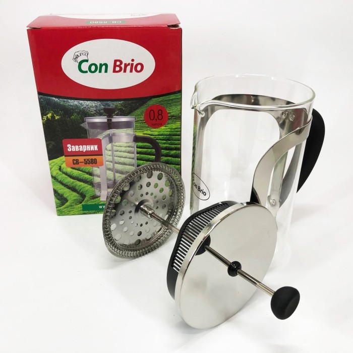 Френч-прес з ручкою Con Brio CB-5580 0.8 л, Френч прес скляний на кухню, Заварник скляний WQ-949 з пресом