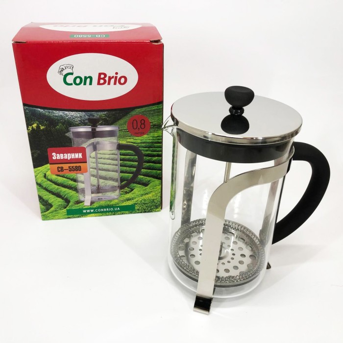 Френч-прес з ручкою Con Brio CB-5580 0.8 л, Френч прес скляний на кухню, Заварник скляний WQ-949 з пресом