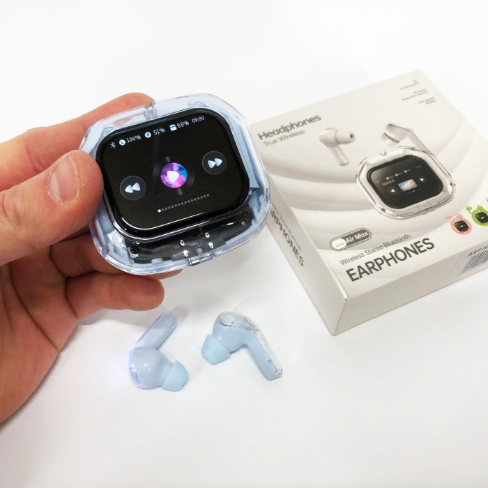 Бездротові вакуумні навушники TWS з дисплеєм LED, вологозахист IPx4 Bluetooth 5.4 з кейсом. Колір: блакитний