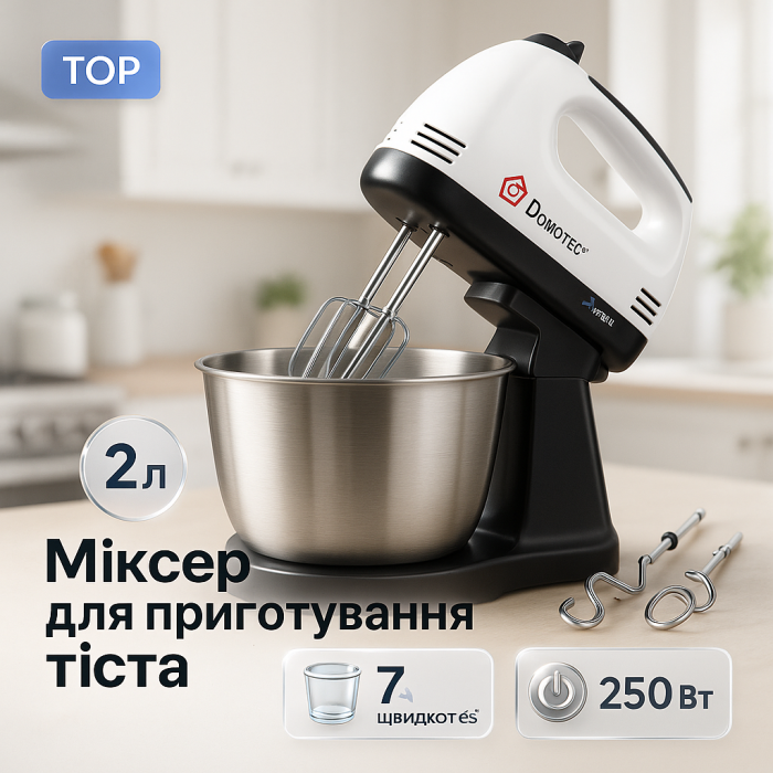 Міксер стаціонарний із металевою чашею Domotec R6637W Кухонний електричний на 250 Вт 7 швидкостей