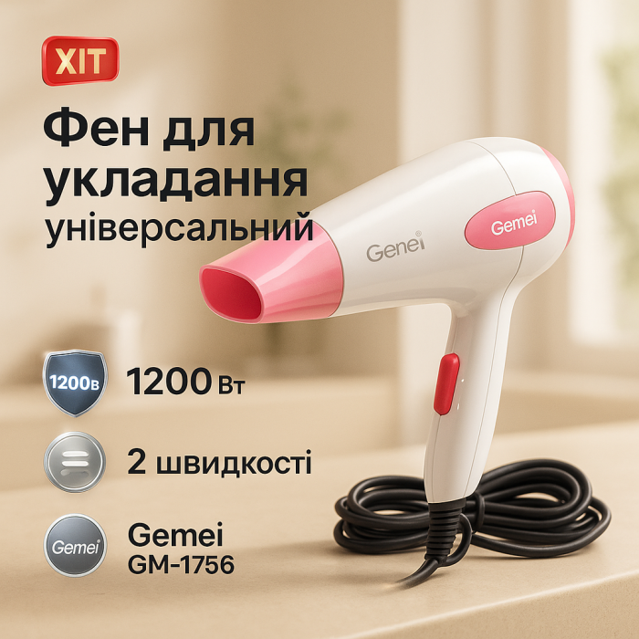 Професійний фен для укладання волосся з насадкою Gemei GM-1756 1200 Вт, Функціональна щітка для сушіння XS-97