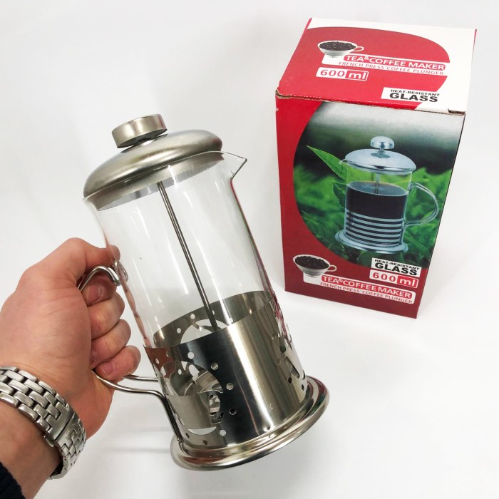 Френч-прес з поршнем UNIQUE UN-1152 600 мл, Заварник прозорий, Заварник скляний з пресом EG-63