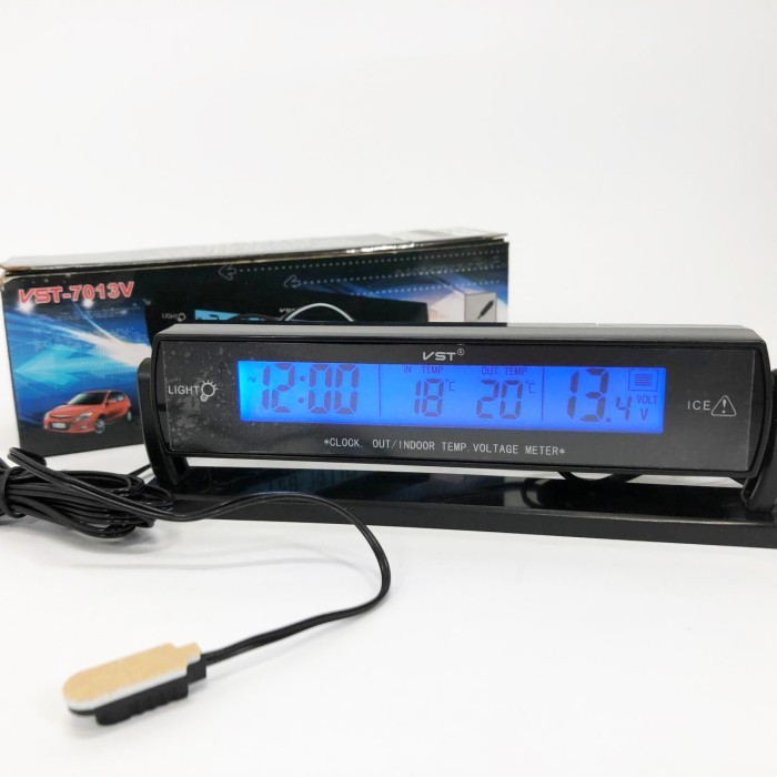 Автомобильные часы с подсветкой VST-7013V вольтметр, 2 термометра Авточасы с выносным термометром QU-21