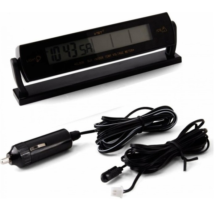 Автомобильные часы с подсветкой VST-7013V вольтметр, 2 термометра Авточасы с выносным термометром UQ-50