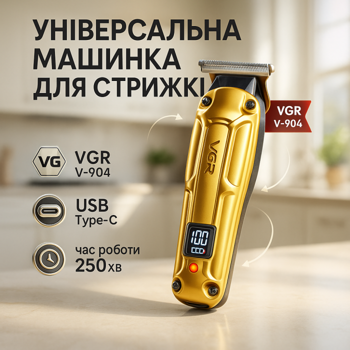Акумуляторна машинка VGR V-904 для стрижки волосся VGR, машинка з дисплеєм та змінними насадками