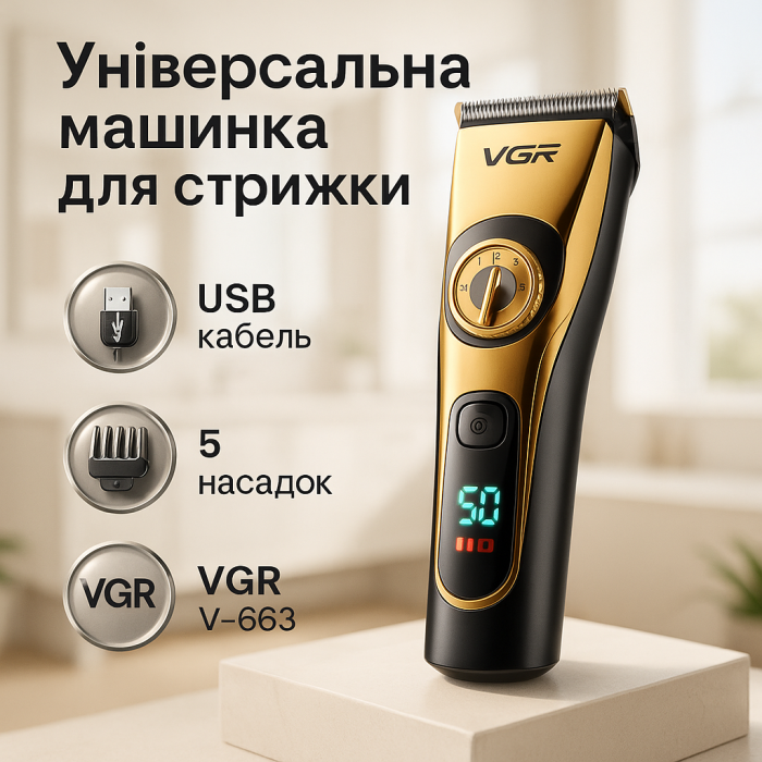 Електрична машинка з насадкою для бороди VGR, Професійна машинка для стрижки волосся з насадками HW-49