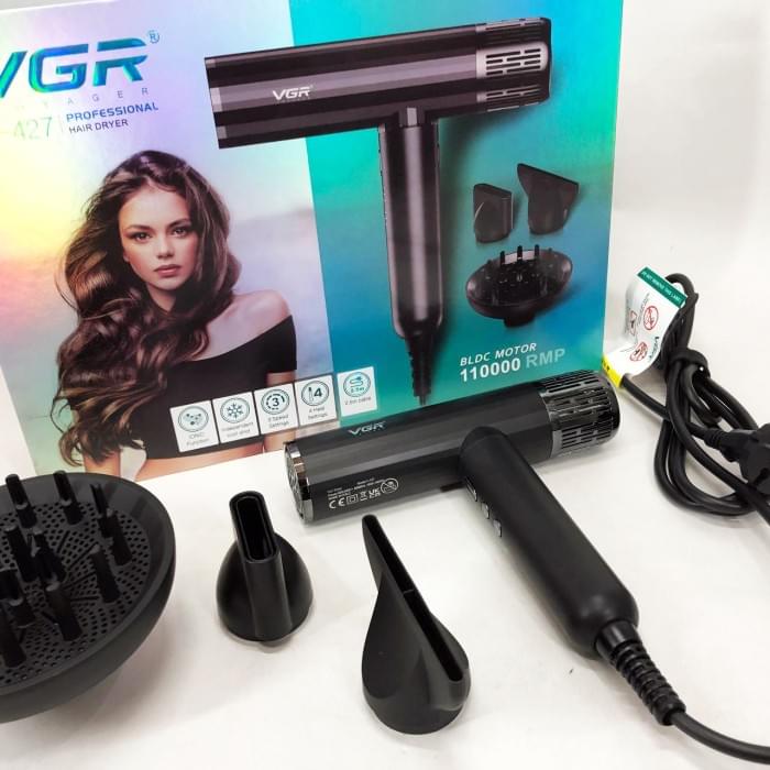 Фен з режимом захисту волосся VGR V-427 1900 Вт, Фен для сушіння волосся ZF-159 з насадкою