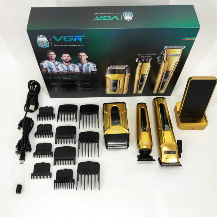Комплект 3 в 1 VGR V-694 акумуляторна машинка для стрижки, триммер та електробритва шейвер. Колір: золотий