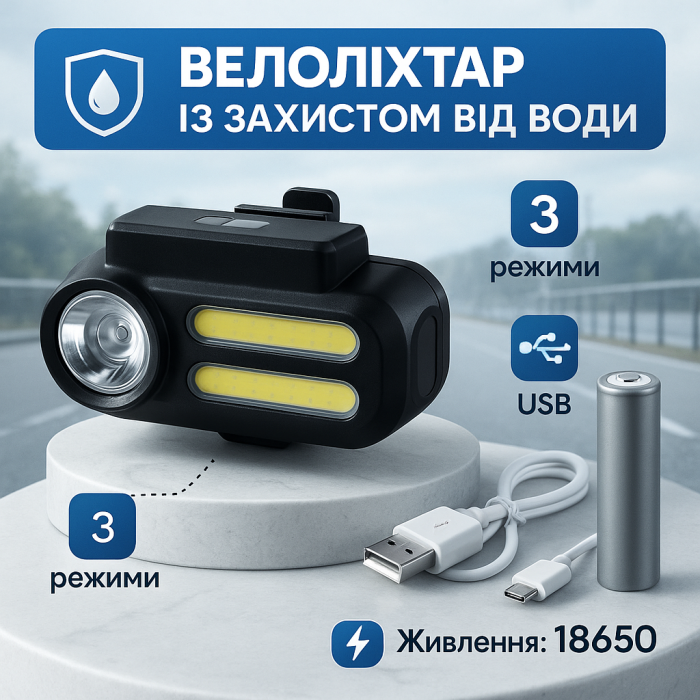 Ліхтар з велокріпленням і акумулятором BL-611-1LM+2COB, Передній протиударний ліхтар на велосипед TW-88