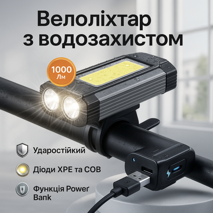 Велосипедний ліхтар 501-2XPE+COB, Фара led для велосипеда, Фара велосипедна передня, Лед фара