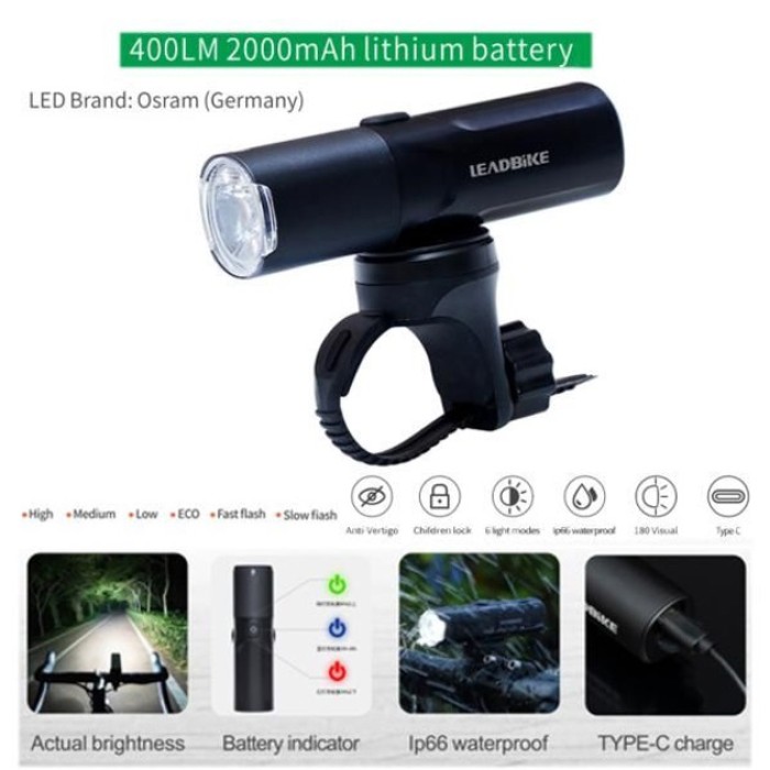 Передній ліхтар на велосипед LEADBIKE M02-OSRAM 400LM, Ліхтарик для велосипеда, Фара led для велосипеда YE-49