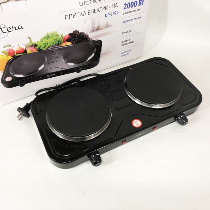 Плита двоконфорочна для дому Suntera DP-1925 черная, Кухонна електрична плита на дві конфорки IA-37
