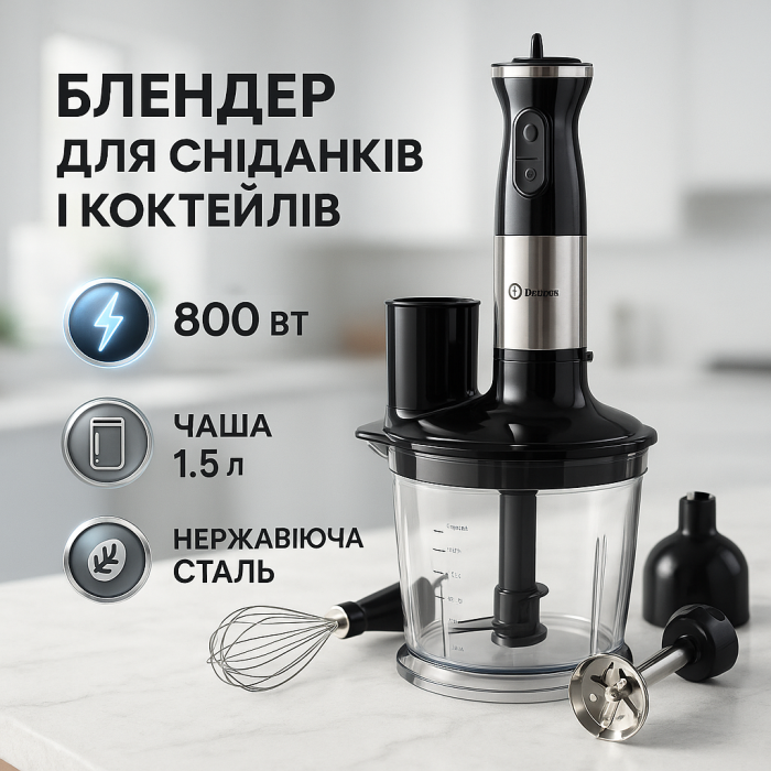 Блендер заглибний багатофункціональний 6 в 1 Domotec MS-5107 800 Вт, Потужний блендер для дому