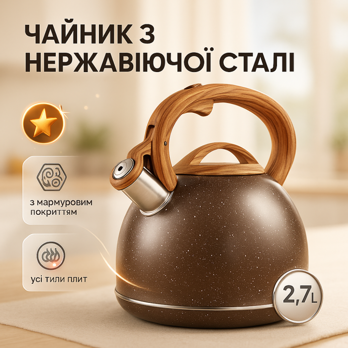 Практичний чайник для газової плити UN-5306 2, 7л, Якісний чайник з нержавіючої сталі зі свистком LK-90