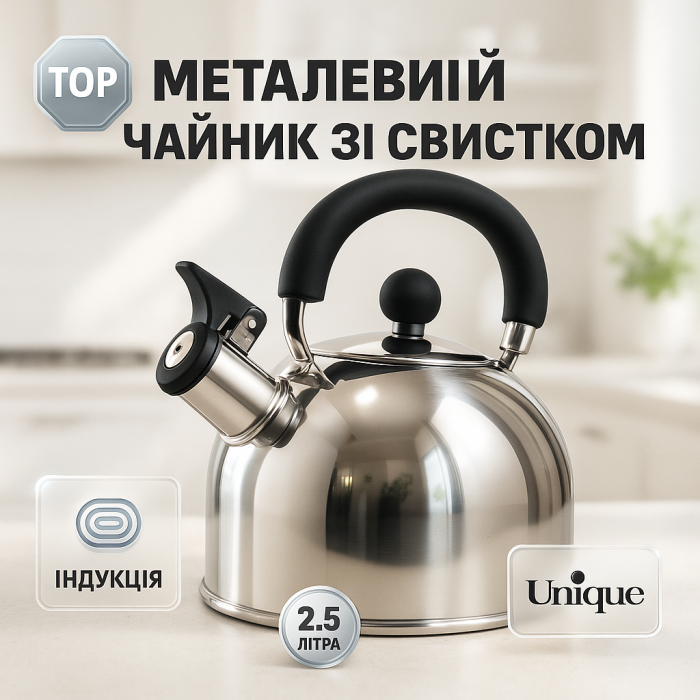 Чайник Unique із свистком UN-5302 2,5л, гарний чайник для газової плити, чайник на плиту Black