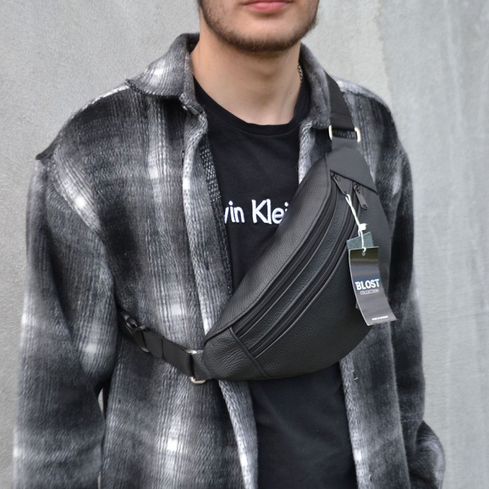 Чорна сумка бананка шкіряна, Міська сумка на груди для чоловіків, Бананка нагрудна OC-42