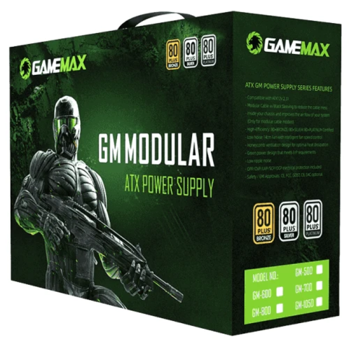 Блок живлення 700 Вт, GameMax GM-700, Black, напівмодульний, 80+ Bronze, Active PFC, 14 см, 3xMolex / 6xSATA / 2x6+2-pin / 1x4+4-pin / 1x20+4-pin, захист OVP / UVP / OCP / OLP / OPP / SCP