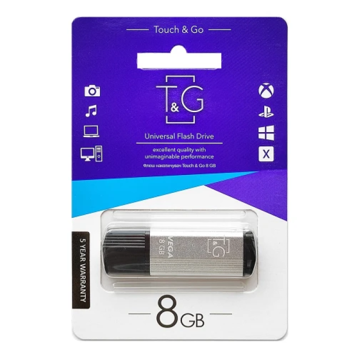 USB-флешка T&G Vega TG121 на 8 ГБ у сріблястому корпусі