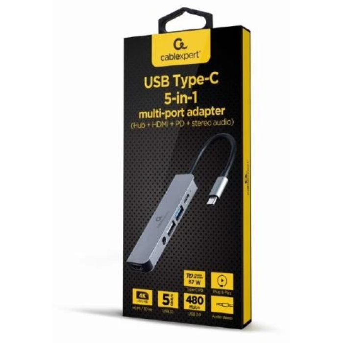 USB-хаб Cablexpert 5-in-1 з HDMI та аудіо, сірий