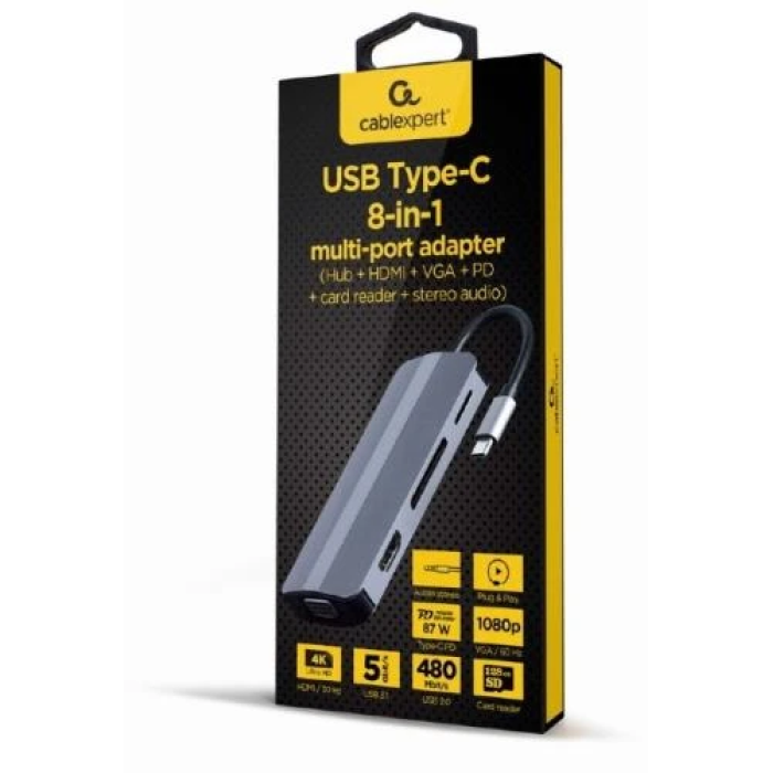 USB-хаб Cablexpert 8-in-1 з HDMI 4K, VGA та картридером