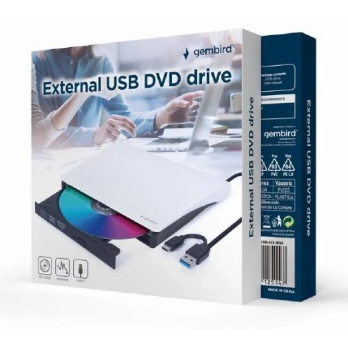 Зовнішній DVD-привід Gembird з USB 3.1 / Type-C, білий