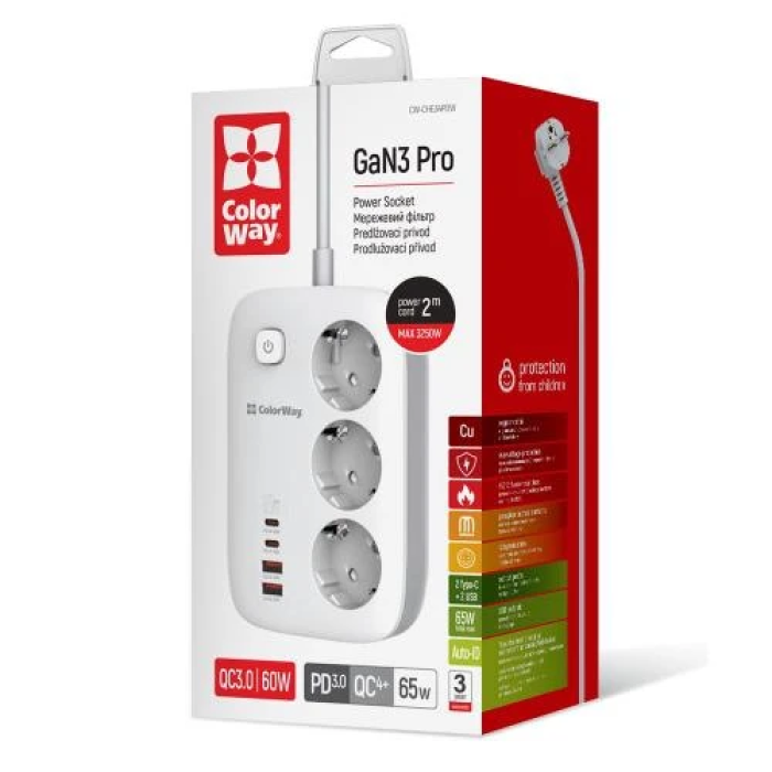Мережевий фільтр ColorWay GaN3 Pro з 3 розетками та USB